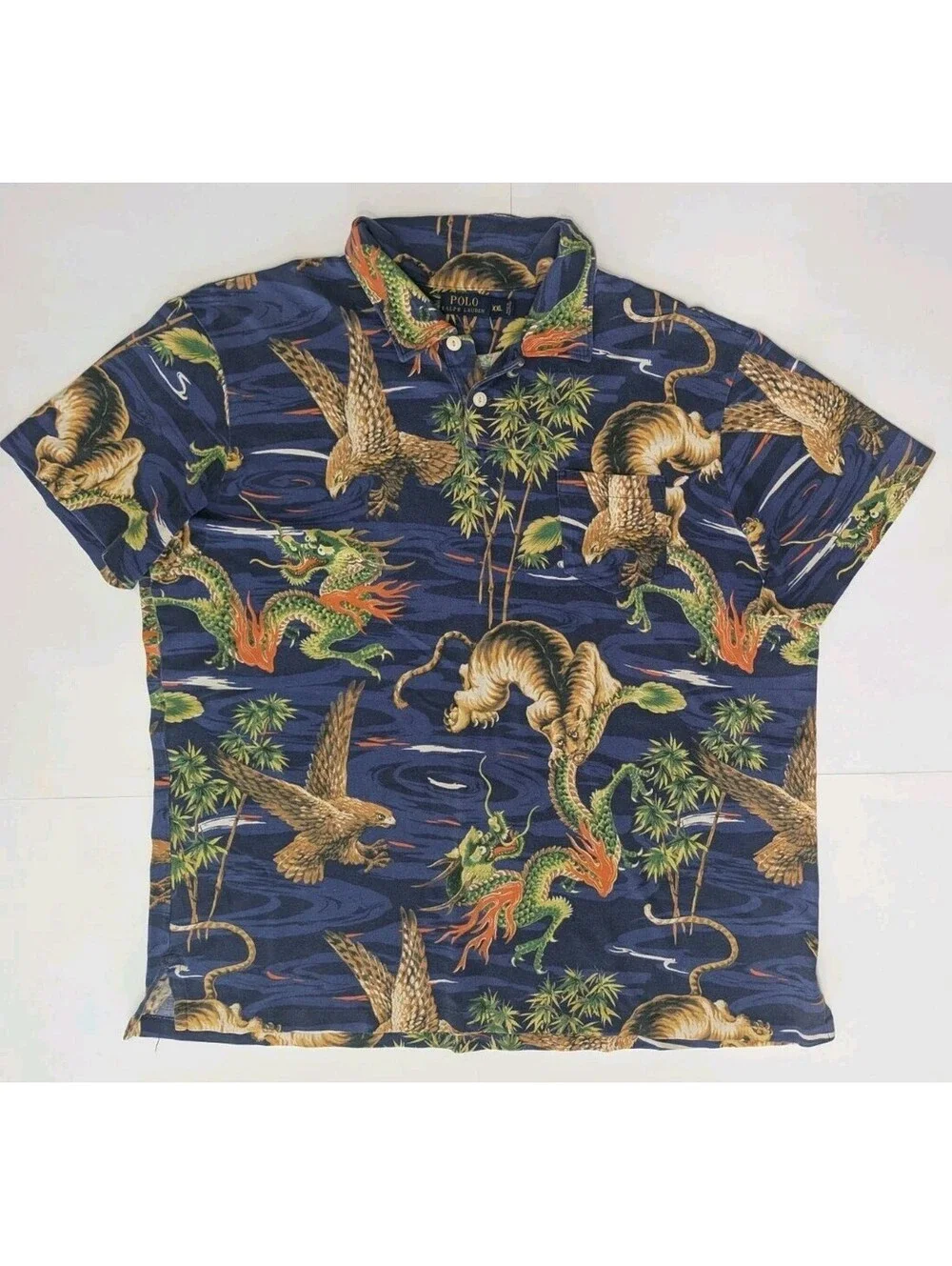 Vtg Polo Ralph Lauren Dragon Tiger Eagle Polo Shirt All Over Print Mens 2XL XXL